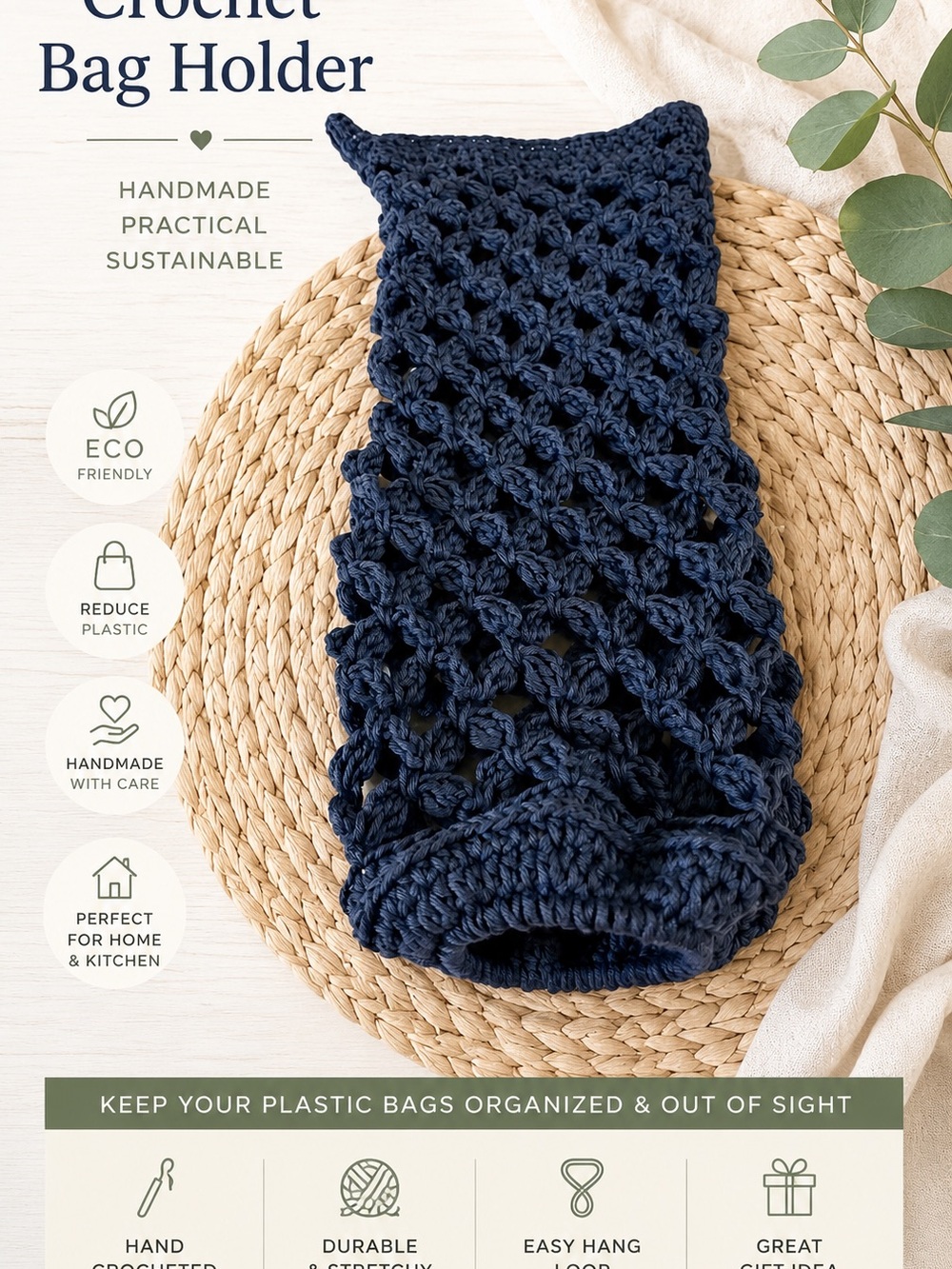 Handmade Navy Crochet Bag Holder